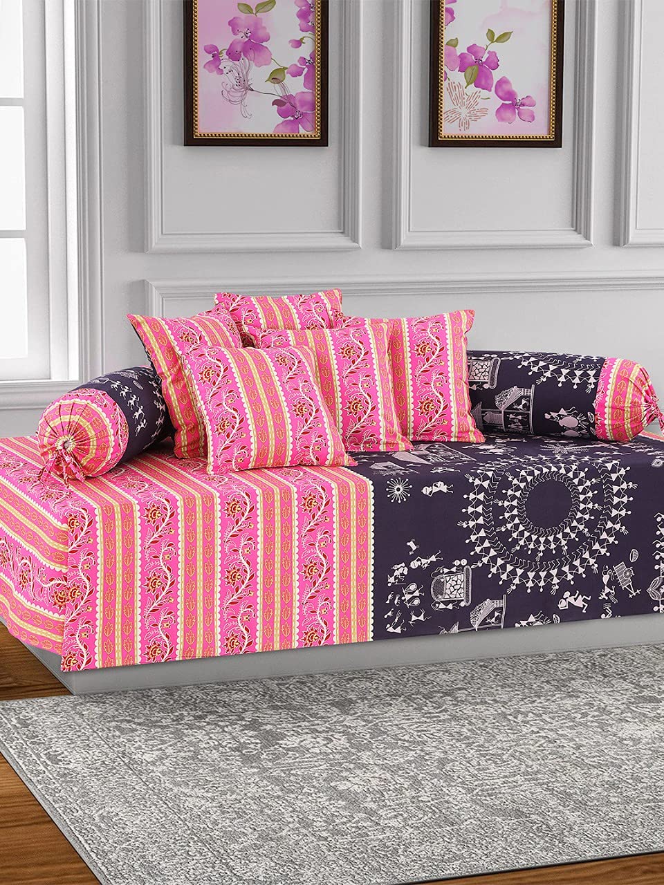 Salona Bichona 100% Cotton Printed Diwan Set (Set of 8), Pink