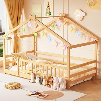 Twin House Bed, Montessori Floor Bed with Fence and Roof, Solid Wood Low Bed Frame with Headboard & Footboard for Boys & Girls, No Box Spring Needed, Natural