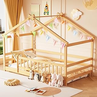 Twin House Bed, Montessori Floor Bed with Headboard & Footboard, Solid Wood Bed Frame for Toddlers Teens Bedroom (Natural, Floor Bed with Fence)