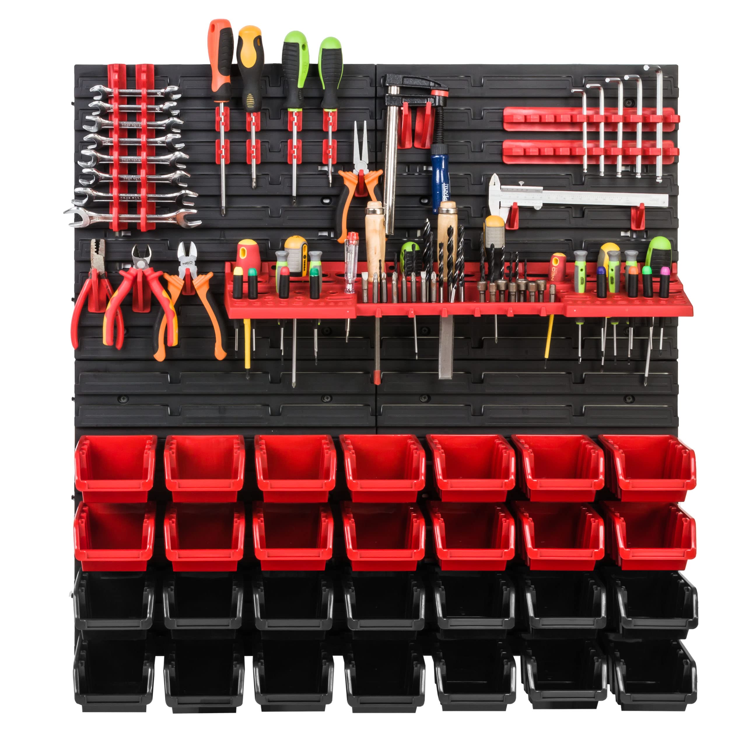 Scaffale da officina, 78 x 78 cm, 28 pezzi, con supporti per attrezzi e scatole impilabili, pannelli da parete, scaffali extra resistenti, per riporre oggetti e garage, scaffali