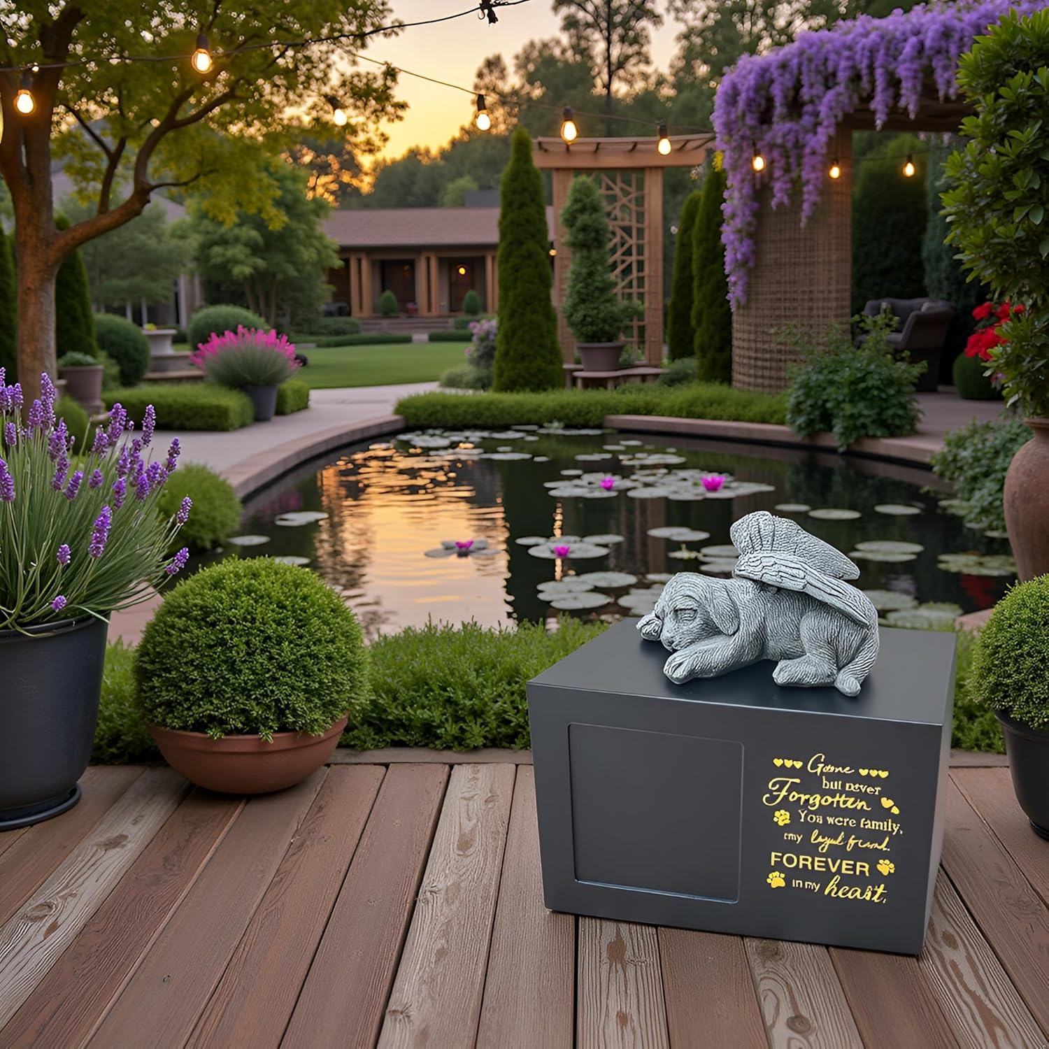 Large Wooden Pet Urn for Ashes，Pet Memorial Dog urns for Ashes with Elegant Angel Dog Statue，Keepsake Memory Box with Photo Frame,Loss Pet Memorial Remembrance Gift