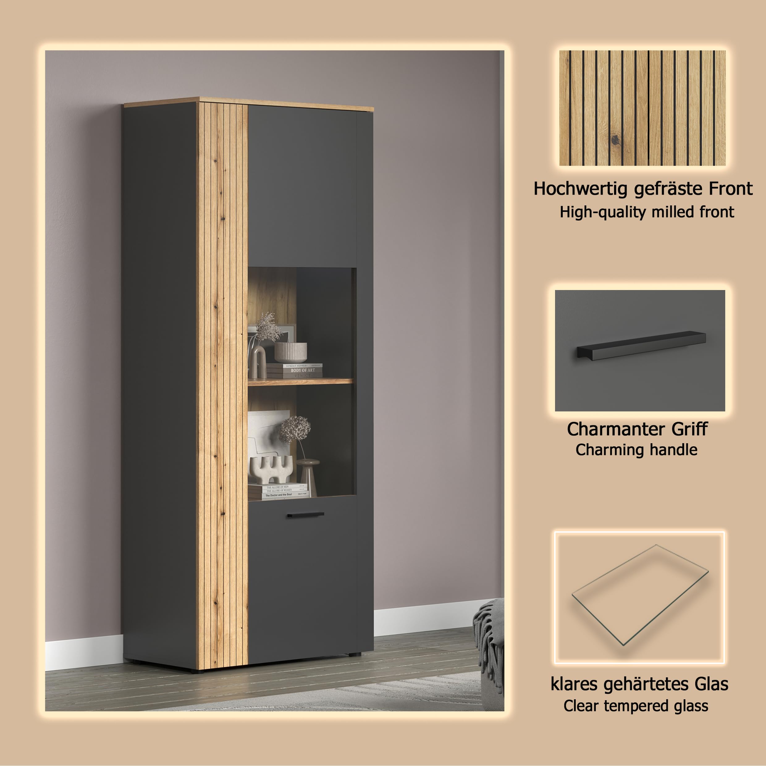 trendteam smart living - Esteban - Vitrine - Anthrazit/Eiche - Standvitrine in Rillenoptik - (BxHxT) 80 x 195 x 42 cm - eleganter Wohnzimmerschrank mit 6 Fächern