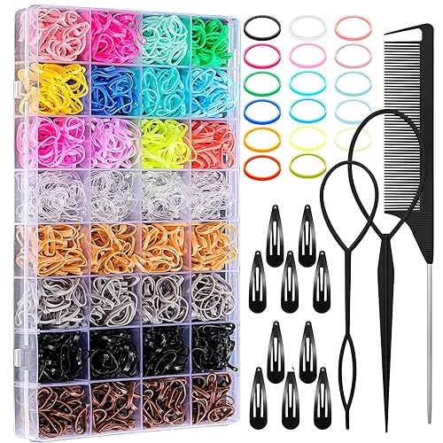 Miniatura 8 de Bandas de goma para el cabello pequeñas de 32 colores con 16 herramientas de peinado para el cabello, 2000 piezas elásticas para el cabello para