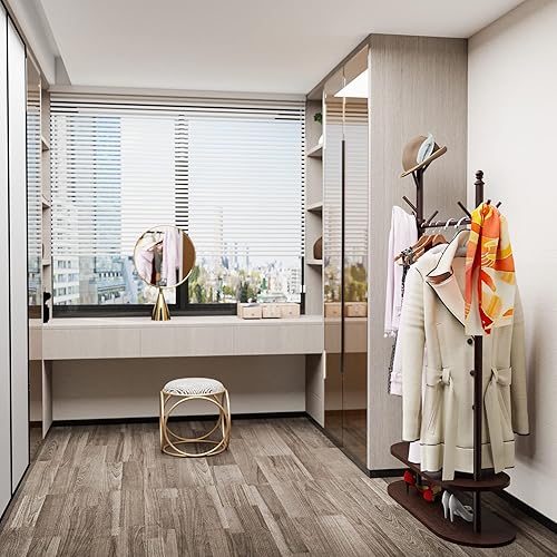 Miniatura 6 de Perchero independiente con estante con 8 ganchos, perchero para ropa, bolsassombreros, fácil de montar colgador sin herramientas, ahorra espacio