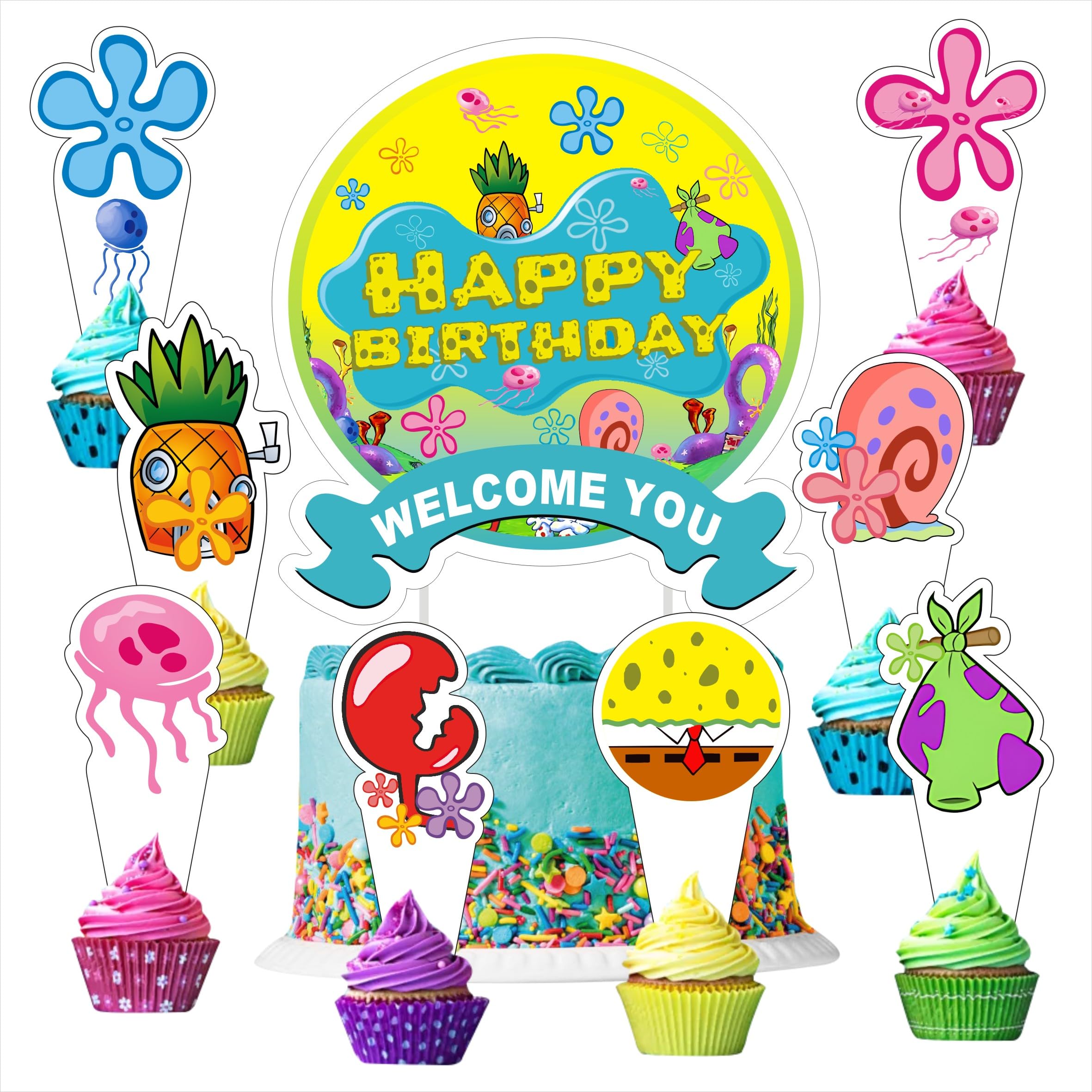 25pcs Cartoon Sponge H-M Birthday Decorations with 24pcs Cupcake Toppers, 1pcs Cake Topper for Birthday Party Supplies.