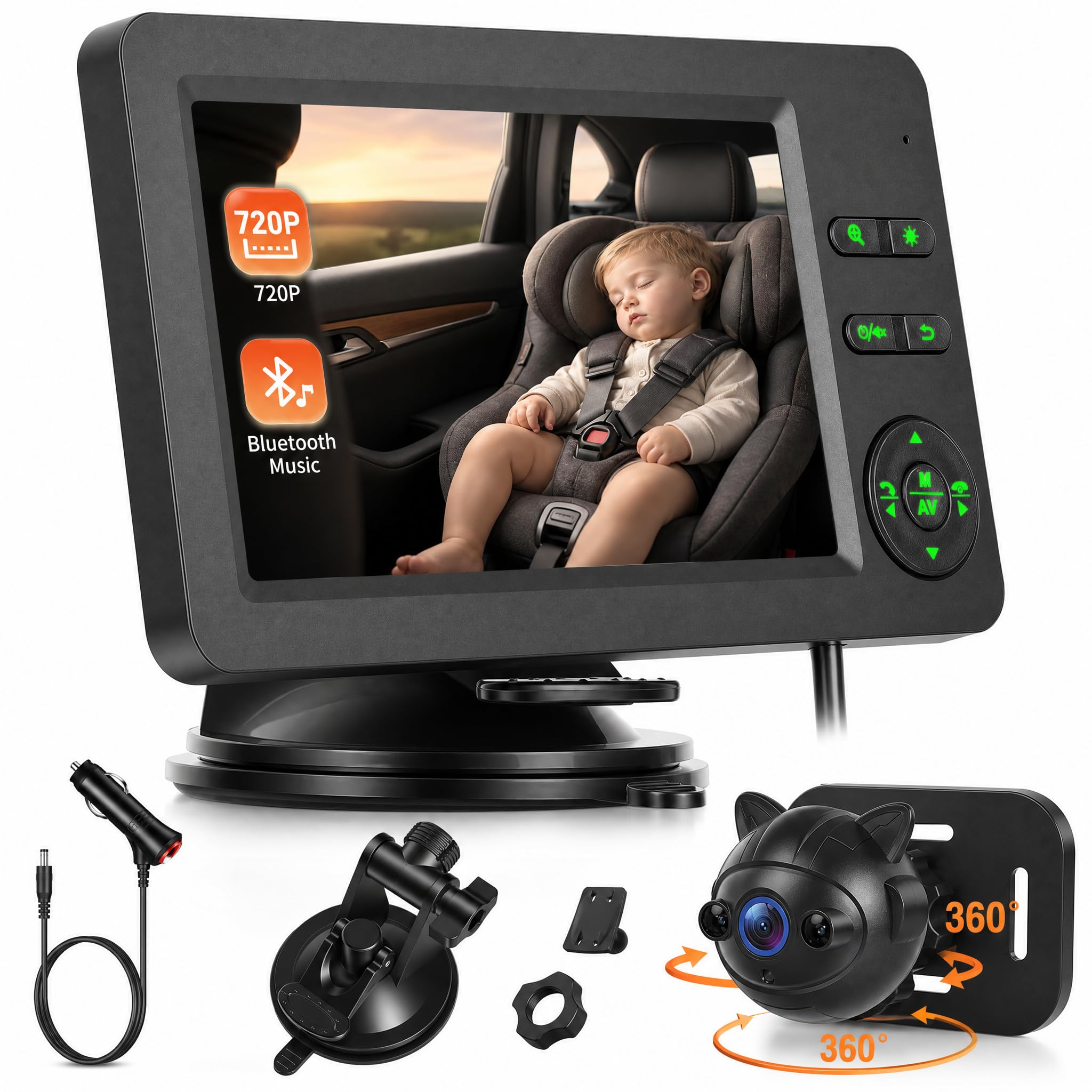 Hikity 720P Cámara de Coche para Bebé 4.3 Pulgadas LCD Display Bluetooth | Sonidos Relajantes Visión Nocturna 360° Giratorias Instalación Sencilla Compatible con Limusinas Furgonetas y SUV