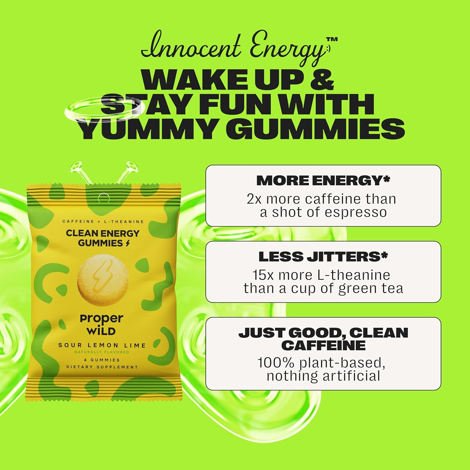Proper Wild Energy Chews & Gummies for Focus & Clean Energy, Vegan with L-Theanine & Organic Caffeine, Plant-Based, Gluten-Free, Non-GMO, Sour Lemon Lime (10-Pack)