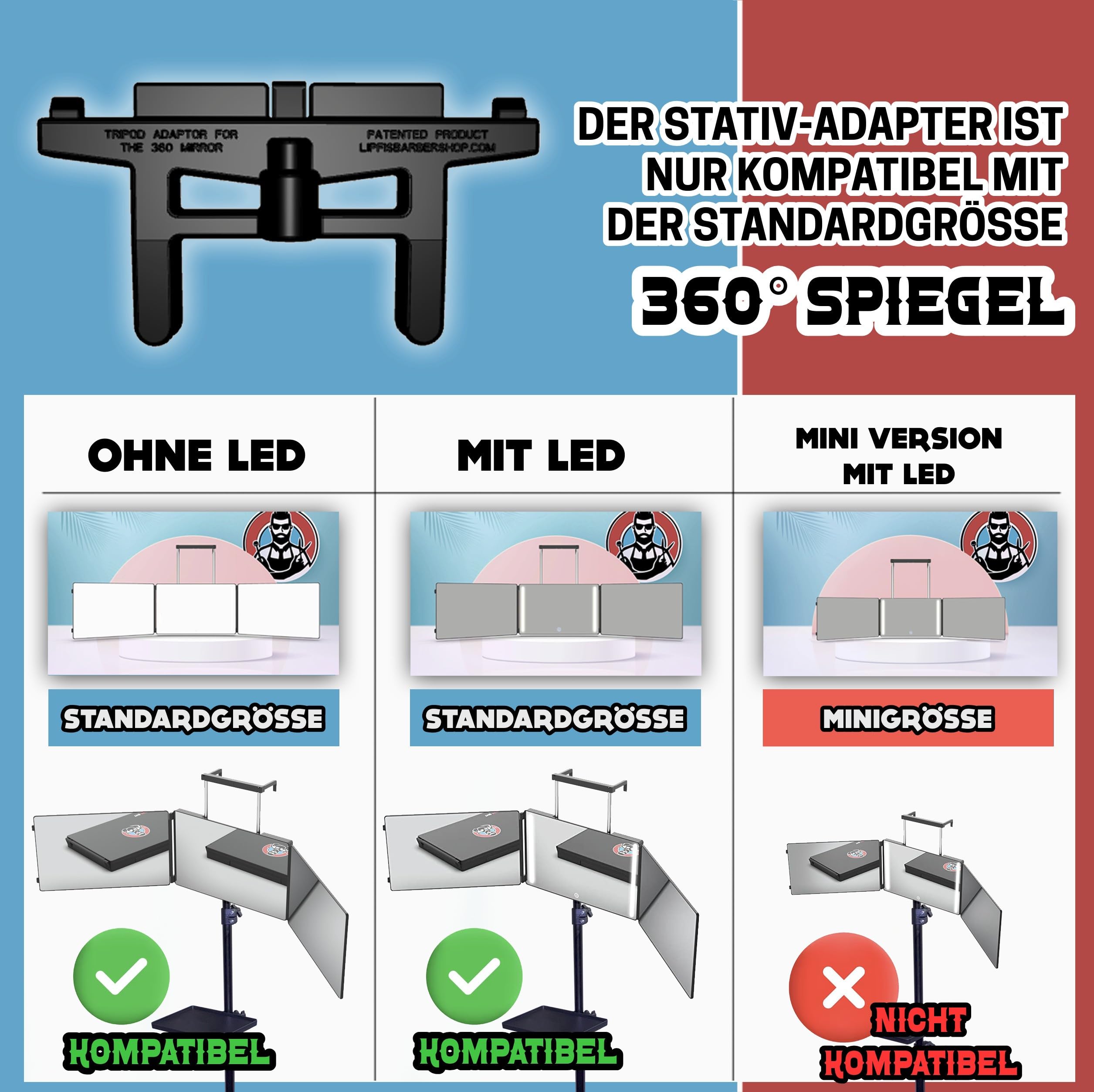 LIPFISBARBERSHOP.COM Stativadapter – Kompatibel mit dem Standard 360° 3-Wege-Portable True Crystal Spiegel für ergonomische, präzise & stabile Anwendung – Zubehör für Haarschnitt und Make-up