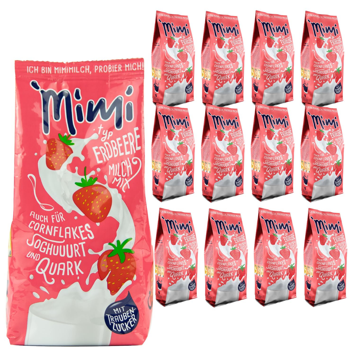 Mimi Milk Mix Fresa Bebida Polvo 12 x 400 g - Pack de Almacenamiento - Polvo de bebida soluble en leche con sabor a fresa - Soluble en frío y caliente - Ideal para ocio, oficina, familia grande