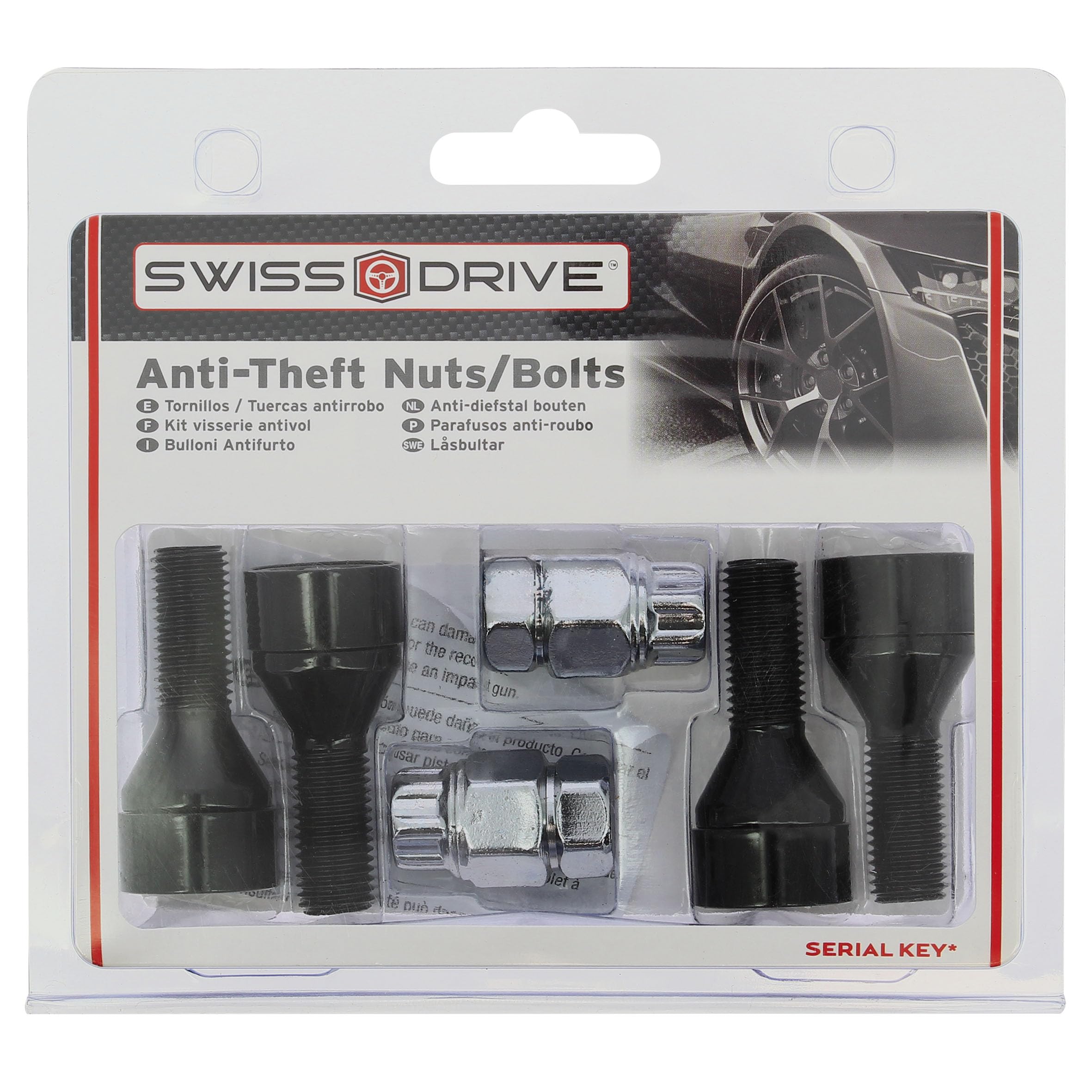 Lot de 4 vis antivol premium de 14 x 1,50 L28 en acier avec tête rotative anti-mâchoires avec 2 clés à tulipe avec 7 pointes rondes, couleur noire