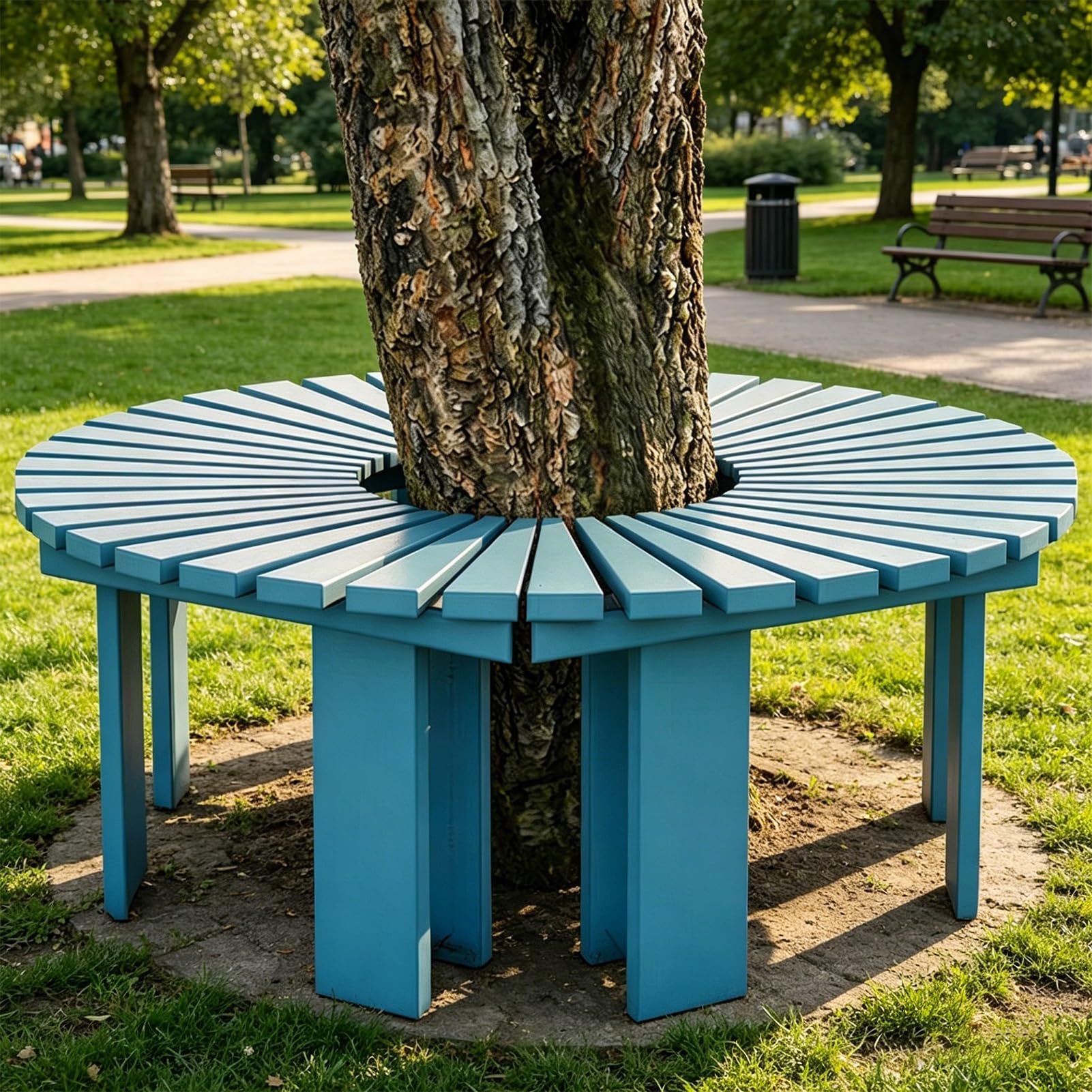 Okrągła ławka pod drzewem na zewnątrz, owinięta tyłem ławka pod drzewem Drewniany ogród Zakrzywione siedzenia do trawnika Patio Weranda Przednia(Niebieski,Half Round)