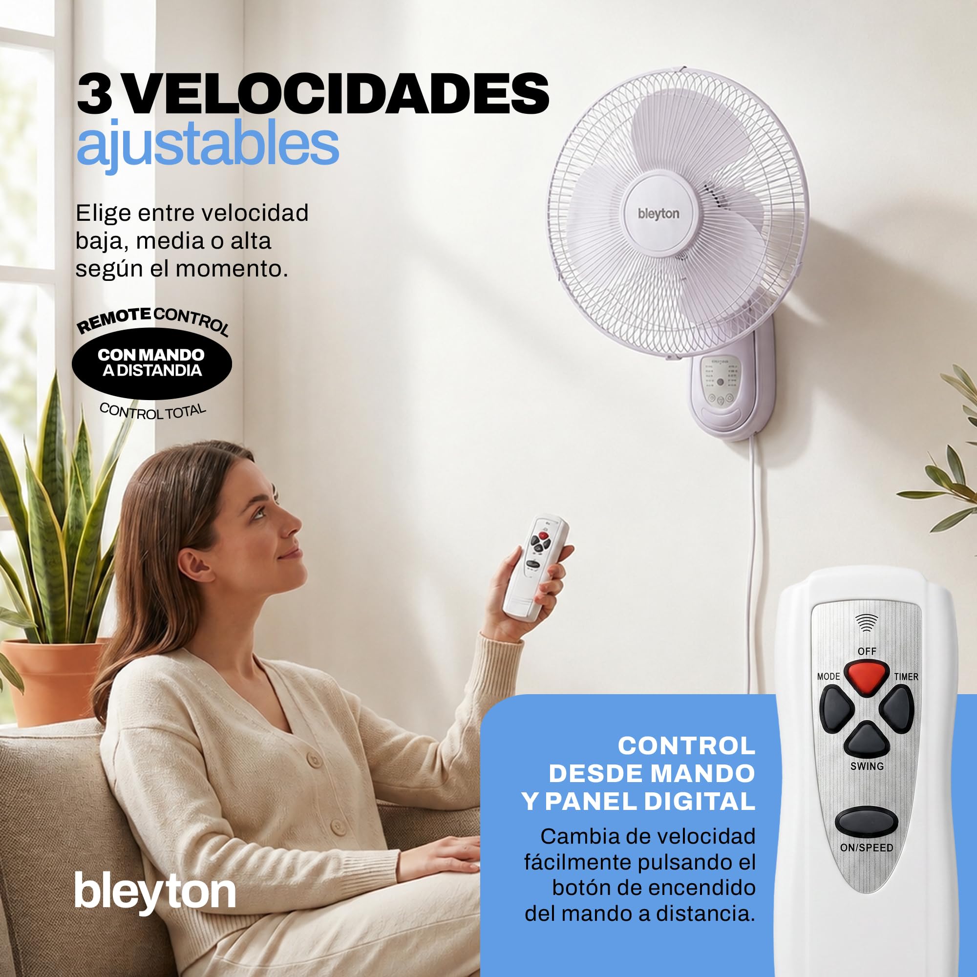 BLEYTON Shadow, Ventilatore da parete silenzioso con telecomando, 40 W, con telecomando, 3 velocità, timer e 3 modalità di funzionamento, oscillazione orizzontale a 180° e verticale