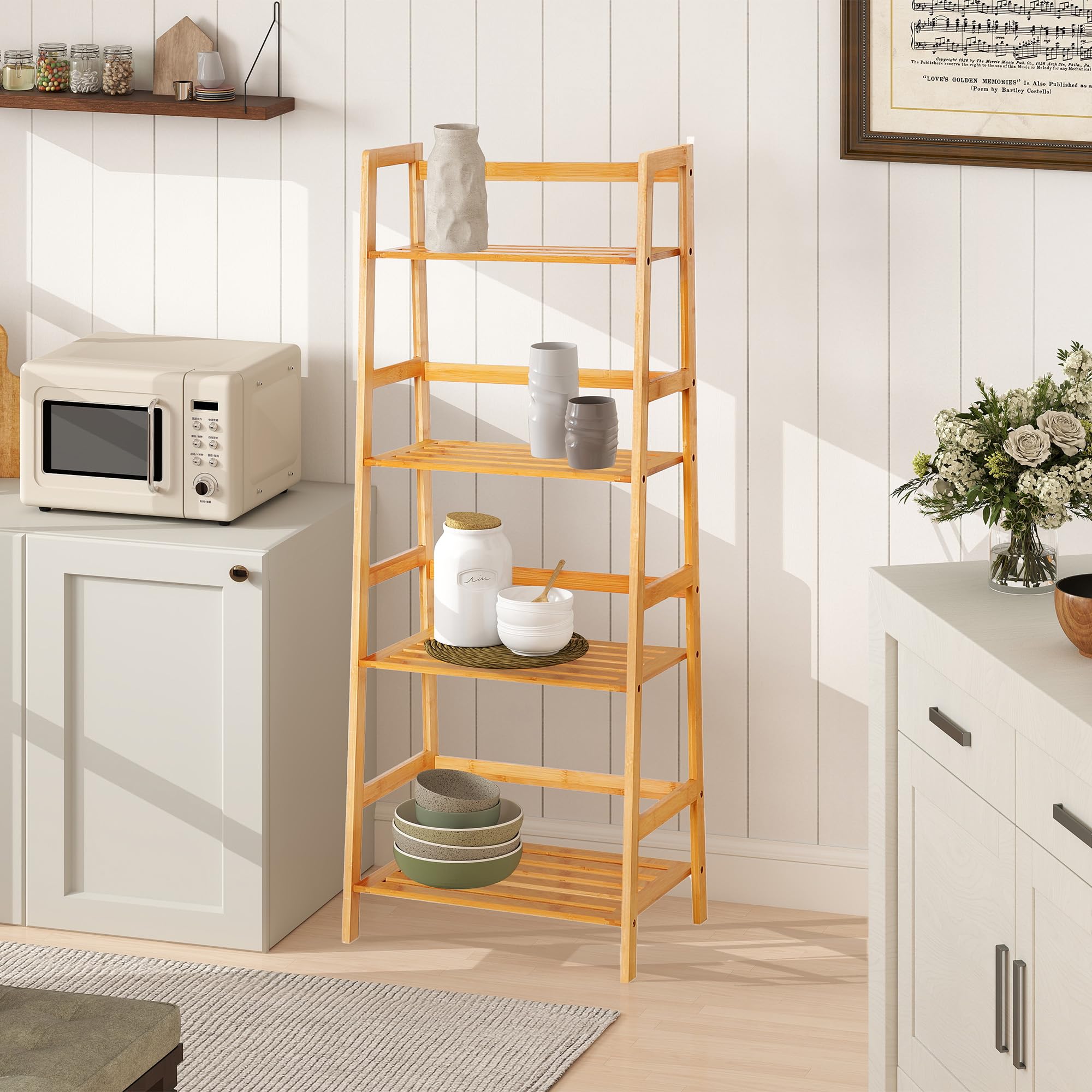 HOMCOM Bibliothèque étagère en Bambou à 4 Niveaux, présentoir de Plantes au Sol, étagère échelle pour Salon, Cuisine, Salle de Bain, Bureau, 48 x 31,5 x 120 cm, Bois Naturel