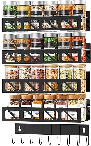 Spice Rack Wall Mounted 4 Pack,Adhesive Hanging Spice Rack Organizer Space-Saving Spice Organizer for Spice Jars and Seasonings(Black, 4pack)