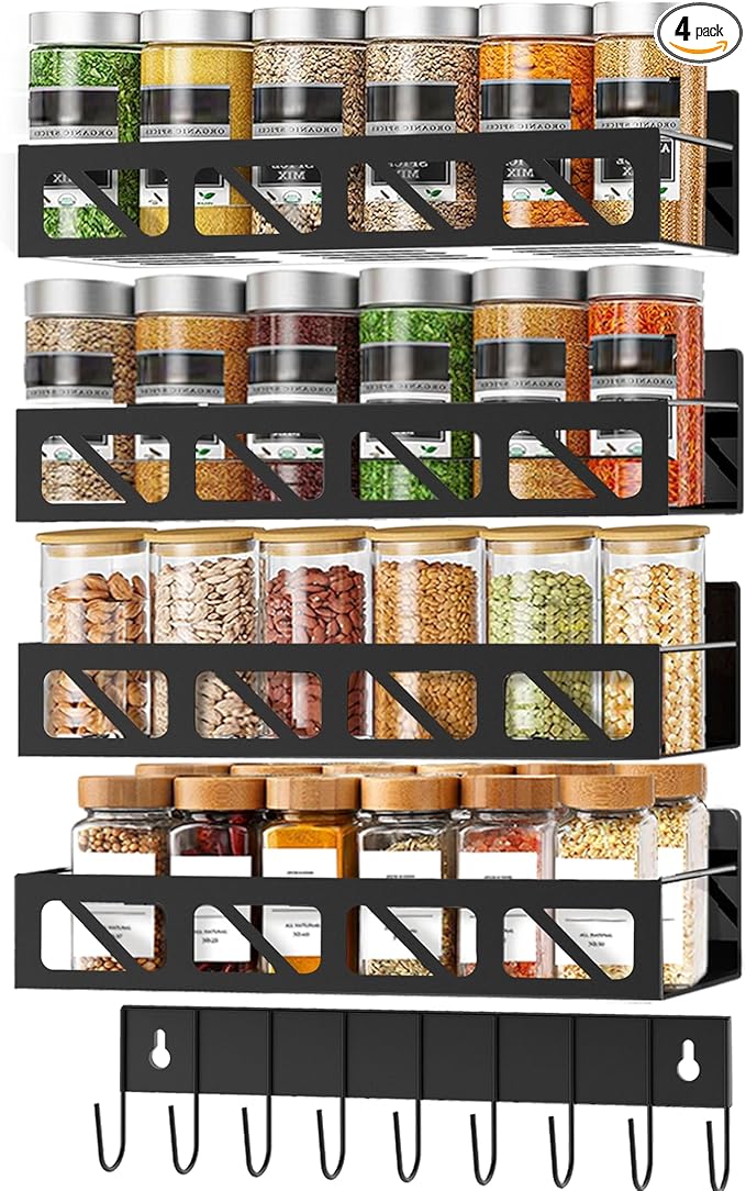 Wall Mounted Spice Rack Pantry Door Organizer, Black-non-magnetic, 4pack