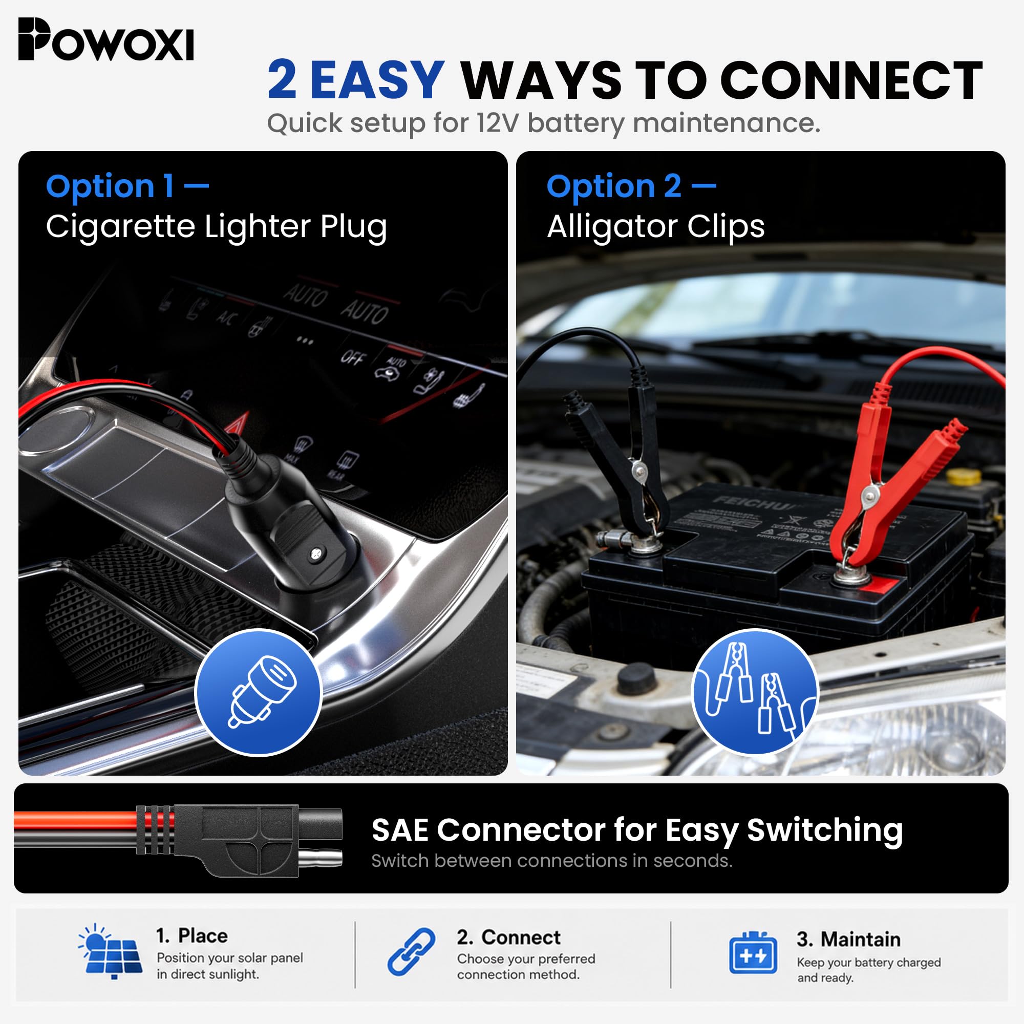 POWOXI Chargeur de Batterie Solaire 7,5 W amélioré - Kit de Charge Portable étanche pour Voiture, Moto, Bateau, Bateau, Camping-Car, remorque, Sports motorisés, motoneige, etc.