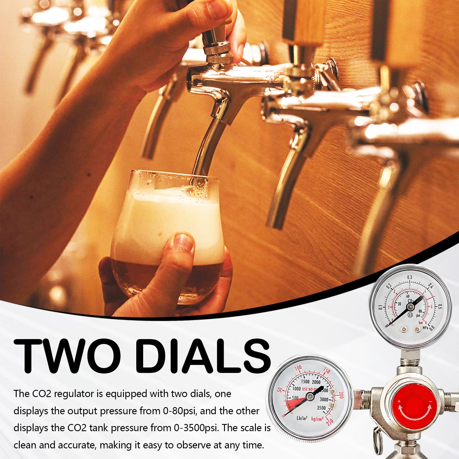 Reducteur de Pression, Détendeur Bière en Laiton avec Manomètres Doubles Régulateur de Pression CO2 avec Filetage D'entrée W 21,8 Filetage à Droite 1/14 Filetage Extérieur G3/4 pour Brassage de Bière