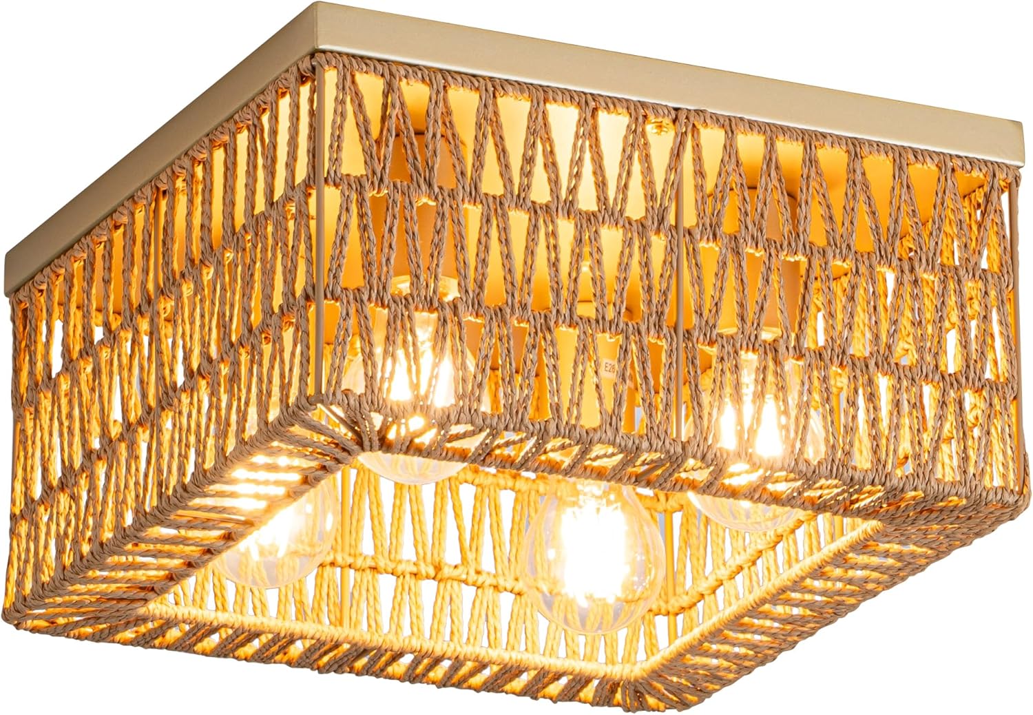 Rpzloila Rattan Ceiling Light, 4-Light Boho Light Fixture, Square Flush Mount Ceiling Light for Bedroom, Hallway, Entryway, Kitchen, Living Room