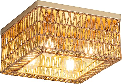 Miniatura 13 de Lámpara de techo de ratán, 3 lámparas de techo tejidas bohemias modernas, lámpara de techo bohemia de montaje empotrado para dormitorio, sala de