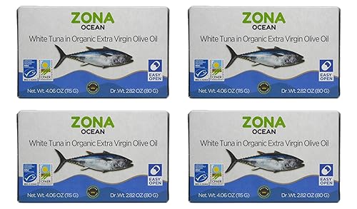 ZONA - Atún blanco océano en aceite de oliva virgen extra orgánico, empaquetado a mano en España, certificado orgánico, certificado MSC, lata de