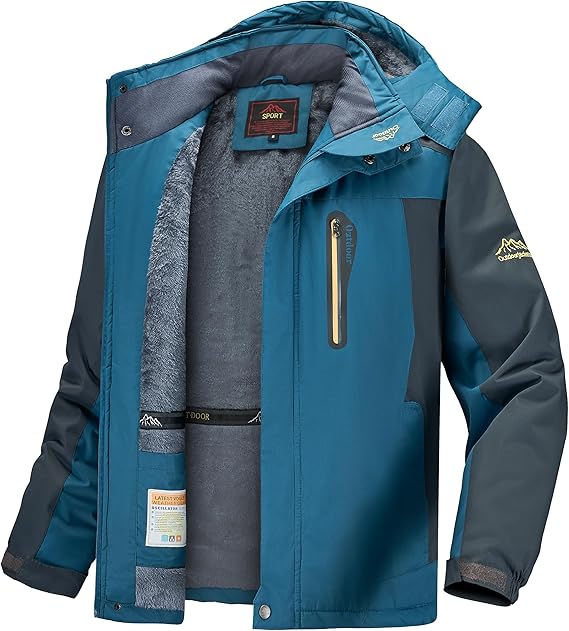 Men's Winter Ski Jacket Warm Waterproof Fleece Liner Snow Coat Hooded Windproof Mountain Raincoat