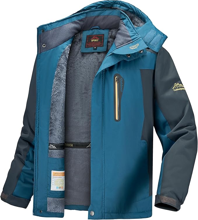 Men's Winter Ski Jacket Warm Waterproof Fleece Liner Snow Coat Hooded Windproof Mountain Raincoat