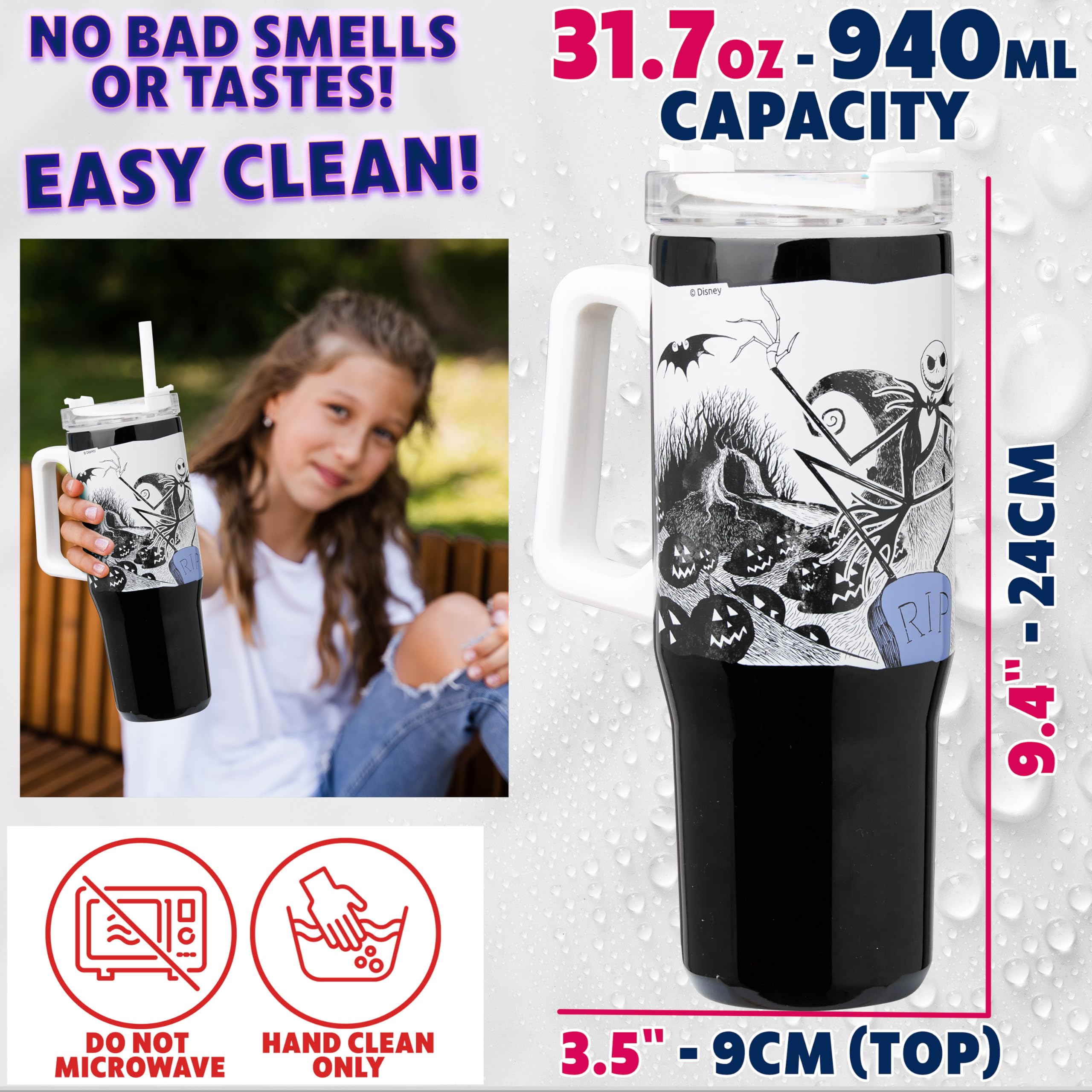 Get Trend Disney Nightmare Before Christmas Thermobecher mit Strohhalm, 940ml, Edelstahl Trinkflasche Isoliert, für Heiß- & Kaltgetränke, Kaffeebecher (Schwarz/Weiß Jack) (Packung mit 2)