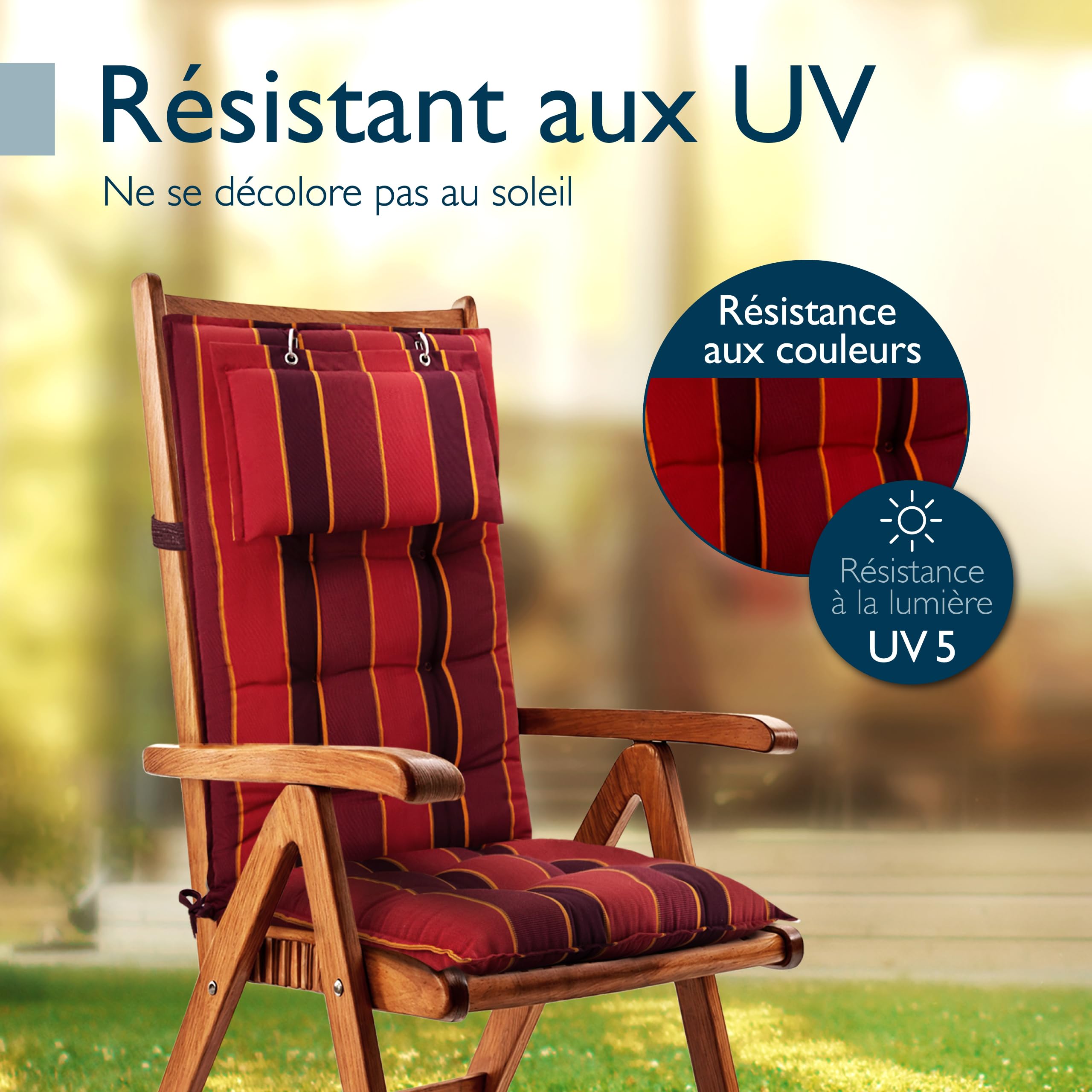 Beautissu Premium Coussin Chaise Jardin Dossier Haut 120x50 cm Sun-HL – 8 cm Épaisseur Tissu Robuste Antidérapant & Résistance aux UV – Coussin Fauteuil avec Sangles Fixation Rouge