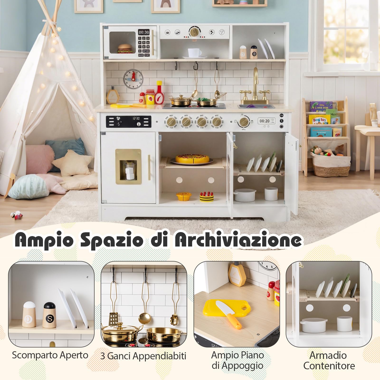 COSTWAY Cucina Giocattolo per Bambini, Set Cucina in Legno con Luci e Suoni Realistici, Fornelli, Lavandino, Rubinetto, Forno, Microonde e Macchina del Caffè, per Bambini 3+ Anni (Bianco)