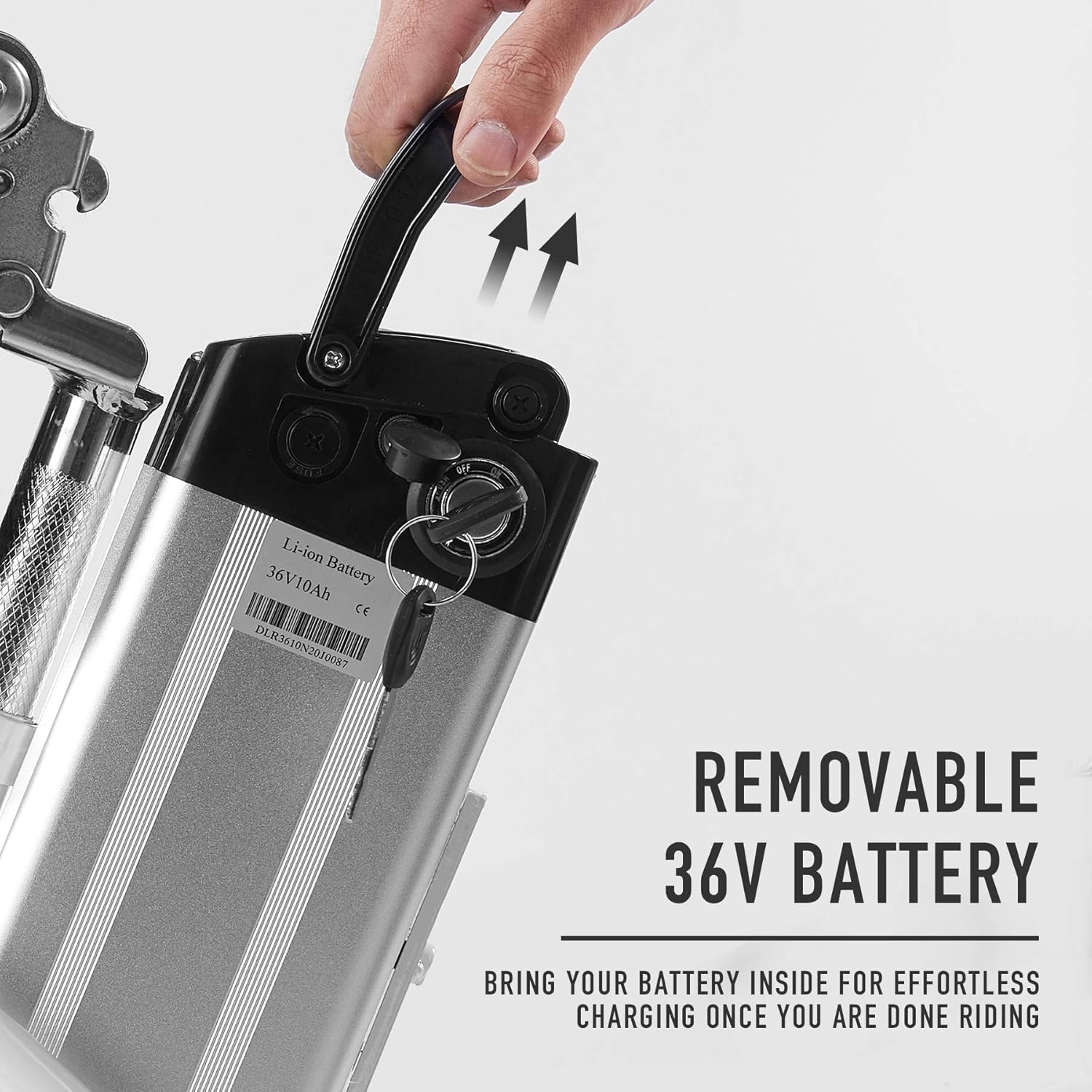 Close-up of a hand removing the 36V removable battery from the Viribus Electric Trike frame.