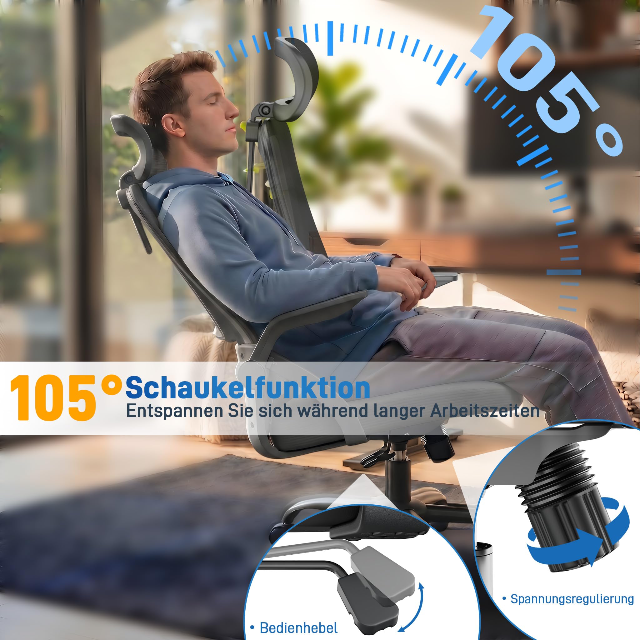 XMTECH Bürostuhl Mesh-Netzrücken klappbare Armlehnen 120kg Homeoffice | Atmungsaktives Mesh, 8 cm Polster, Sitzhöhe 43–51 cm, 105° Wippfunktion, ideal als Schreibtischstuhl, Drehstuhl, Schwarz