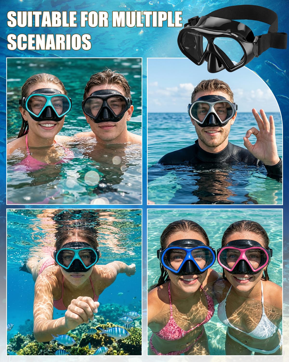 Aegend Máscara de buceo para adultos y jóvenes, máscara de esnórquel profesional, antivaho, antifugas, para esnórquel, buceo, natación y buceo