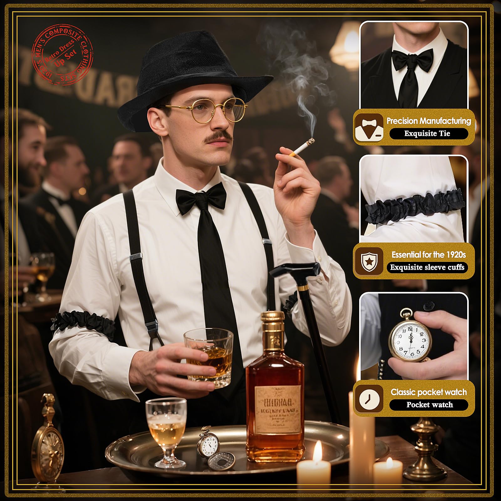 Glirop 13Pcs 1920s Gatsby Costume Set for Men Gentleman Roaring 20s Accessories Kit with Hat Suspenders Pocket Watch Bow Tie Beards Cuffs Tie for Adult Halloween Theme Parties Fancy Dress (Black) - Image 3