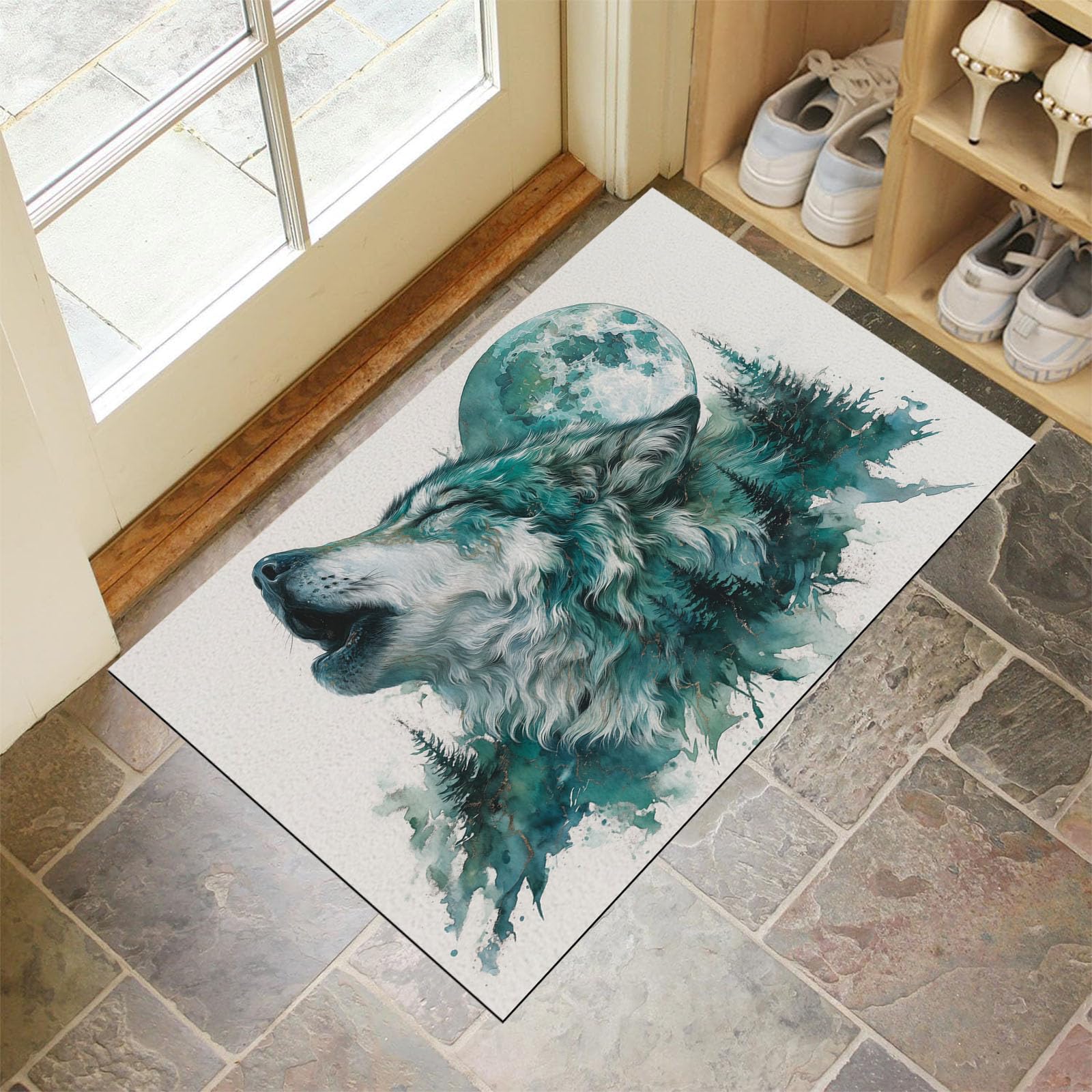 Felpudo de entrada 50x80 cm lavable con diseño de lobo abstracto para pasillo