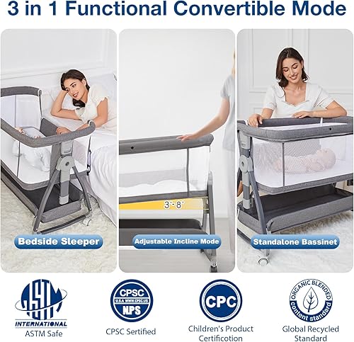 Miniatura 2 de Moisés 3 en 1 para bebé, moisés de noche ajustable en altura para recién nacidos y bebés con colchón, cesta de almacenamiento y ruedas (gris)