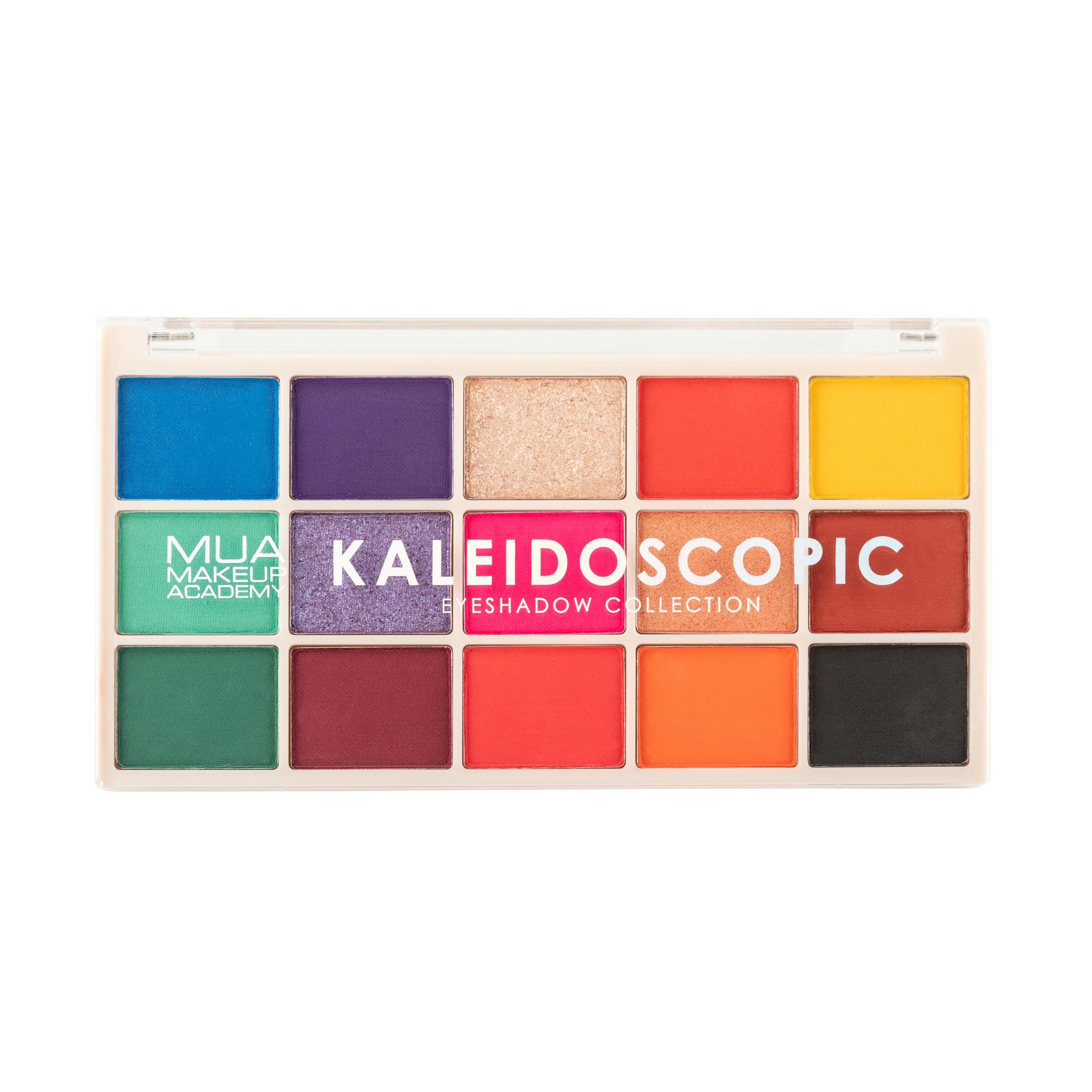 MUA Makeup Academy 15-Shade Eyeshadow Palette, Kaleidoscopic, Highly Pigmented Matte & Shimmer Blend, Vegan and Cruelty Free