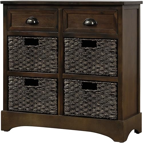 Miniatura 5 de Armario de almacenamiento rústico, mesa consola con dos cajones y cuatro cestas de tela clásica para cocina, comedor, entrada y sala de estar,