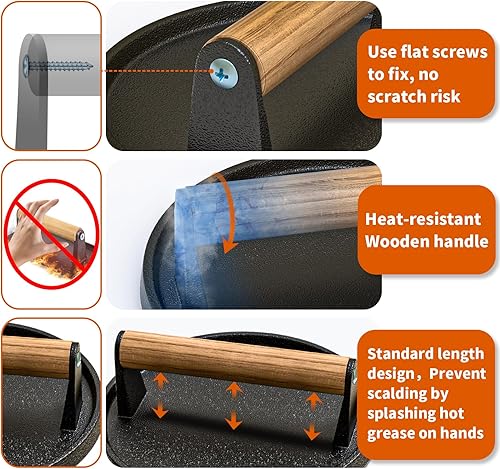 Miniatura 4 de Prensa de hamburguesas, prensa redonda de hierro fundido resistente de 7.08 pulgadas, carne con mango de madera para piedra negra, accesorios para