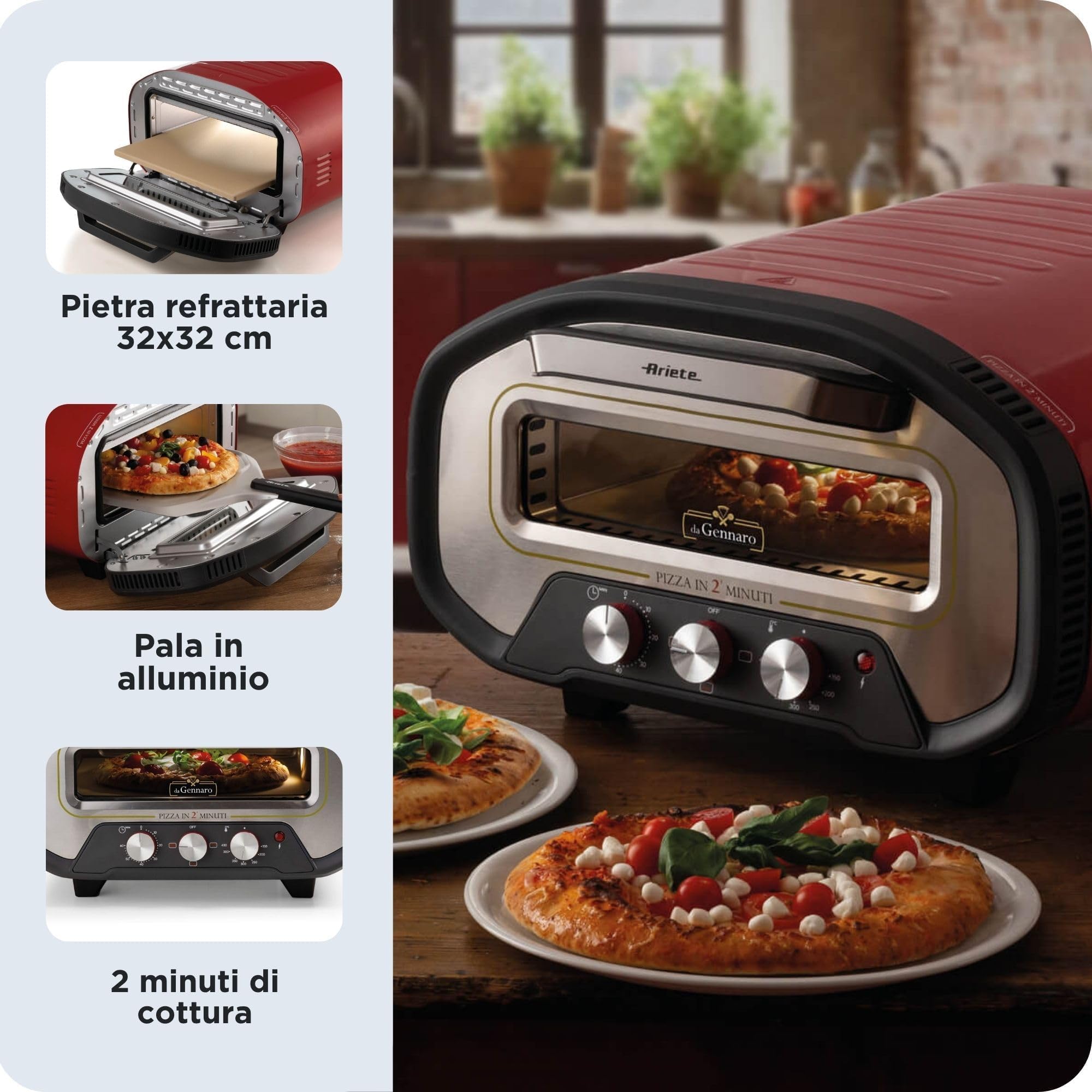 Ariete 3901 Da Gennaro, Forno per pizza, 2200W, Temperatura 430°C, 2 minuti di cottura, Pietra refrattaria, Rosso