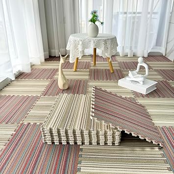 Area Rugs,Fluffy Area Rugs, 80 Pieces Puzzle Play Mat for Parlor,Square Carpet Tiles,Striped Pattern,12x12 InchMt+ht,0.23 Inch