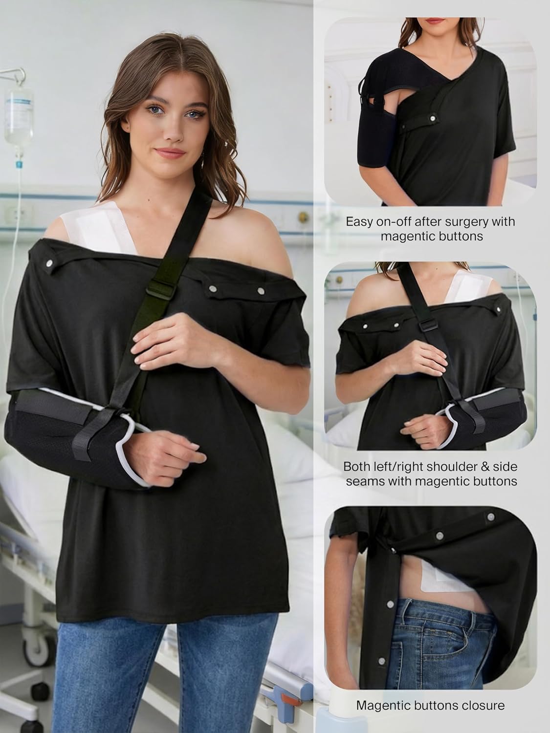 Ecavus Magnetic Buttons Post Shoulder Surgery Shirt for Women - Tear Away Crew Neck Full Open Side Adaptive Chemo Clothing