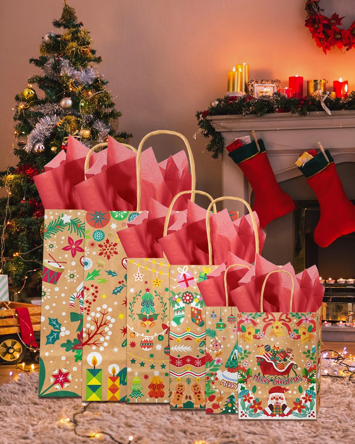 qiqee Christmas Gift Bags with Handles 30Pcs Assorted Sizes Xmas Kraft Paper Bags(Variety Large-10.2''×13''× 5.5'', Medium-8.7''×10.6''×4.3'', Small-6.3''×8.7''×3.1''/ Tissue Paper included)