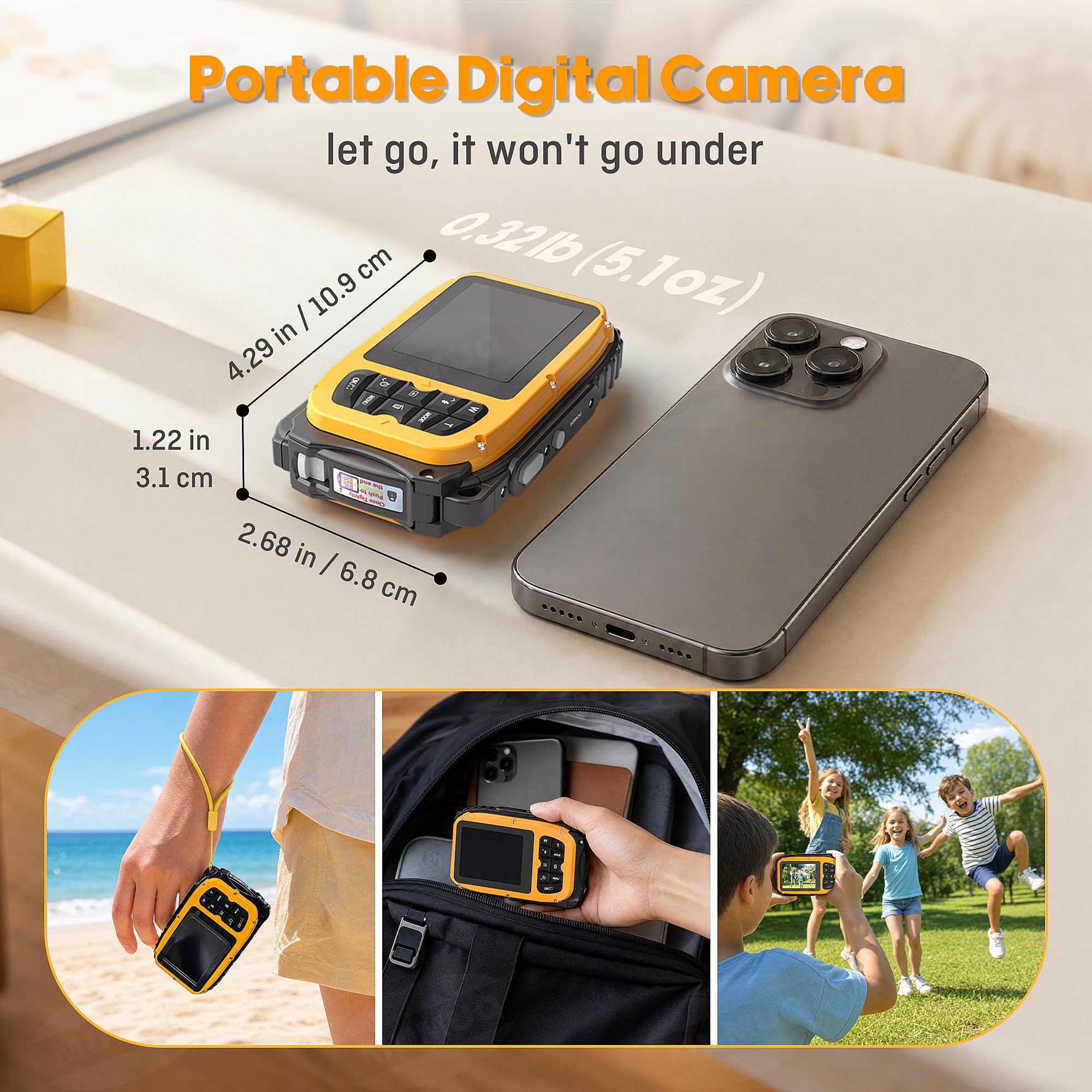 Cámara subacuática flotante para niños, cámara digital impermeable con tarjeta de 32 GB, cámara de esnórquel portátil 4K de 48 MP para piscina, playa, cámara de acción flotante ligera y recargable