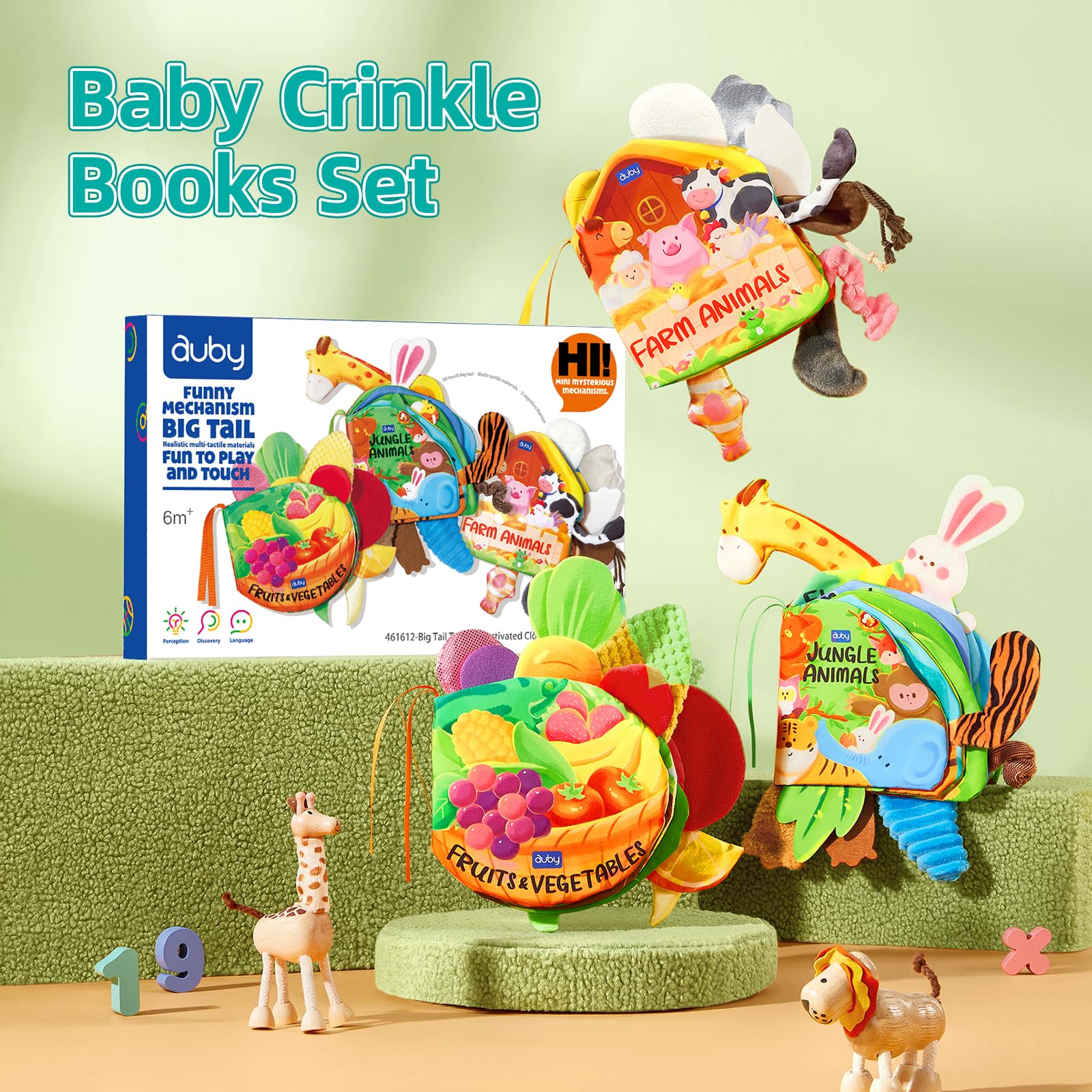 auby 3PCS Livre Tissu 0-12 Mois - Livres d'Éveil Interactifs à Queues 3D Texturées, Thèmes Animaux & Fruits, Jouets Eveil pour Bébés, Lavables en Machine, Cadeau Naissance Fille Garçon
