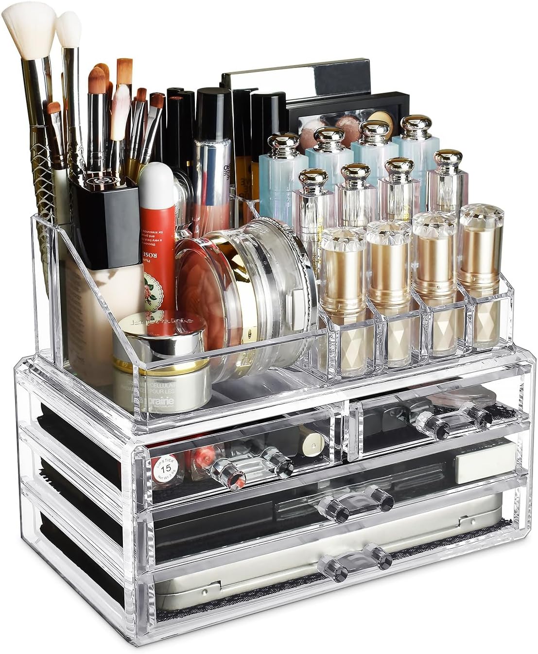 Ikee Design Acrylic Makeup Organizer with 4 Drawers and Removable Top Lipstick Holders, Ideal for Make-up or Accessories,Enhance Your Vanity or Bathroom with Clear Design for Quick Visibility