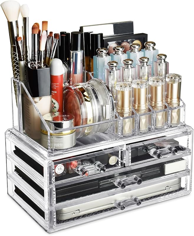 Ikee Design Acrílico Transparente Maquillaje Cosméticos Brillo de Labios Organizador de 4 Cajones | 4 cajones con soportes para pintalabios superiores extraíbles para el cuidado de la piel, brillo de labios para tocador o encimera de baño, transparente