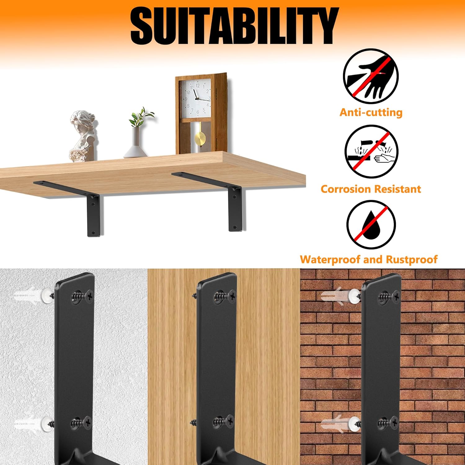 Black Steel & Aluminum Floating L Shelf Brackets, Heavy Duty 160 lb Load Capacity, 90 Angle, 6x6 Inch, 8 Pack, Wall Mount