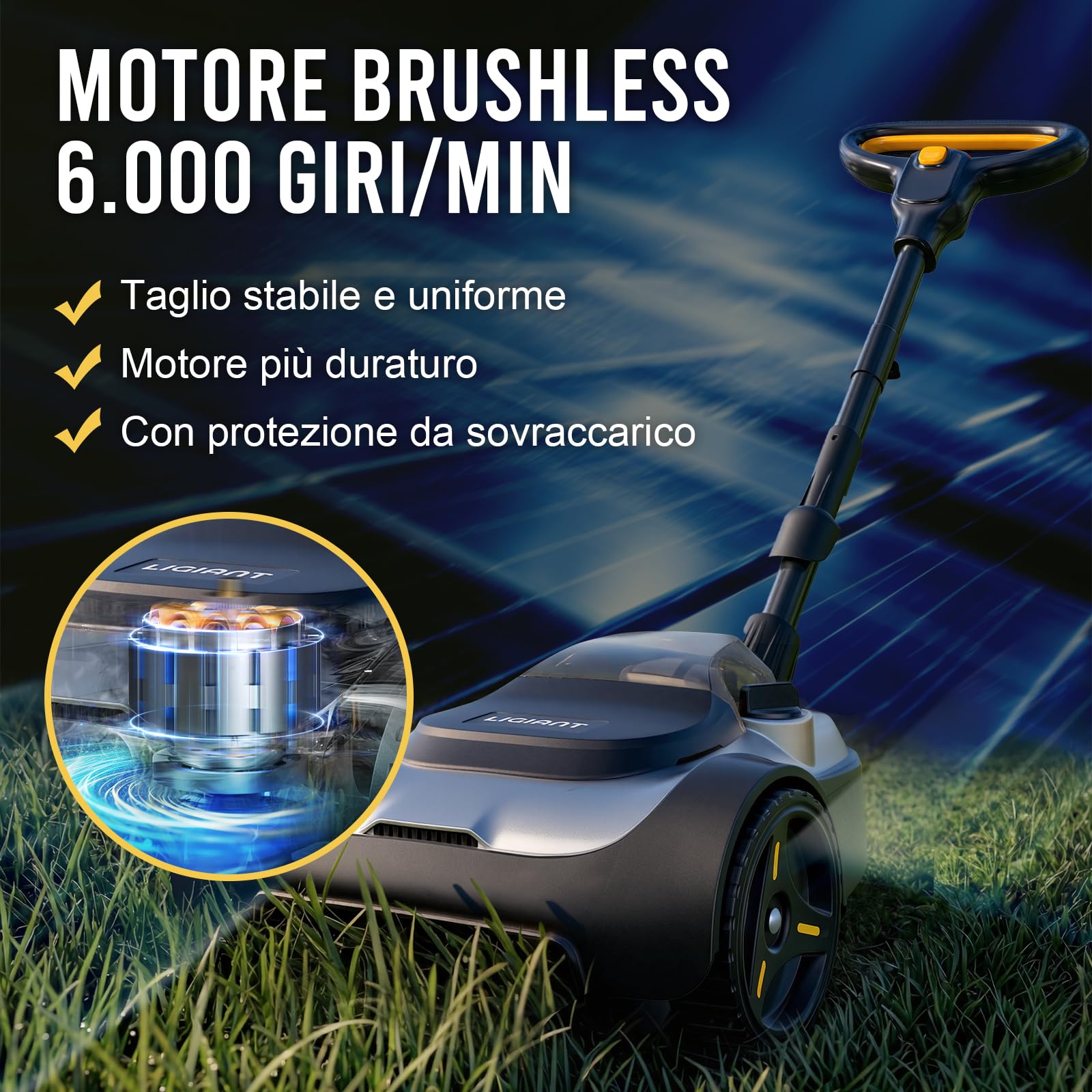 LIGIANT Tosaerba a Batteria Compatto e Leggero da 22 cm, Motore Brushless, Mulching, Altezza Regolabile su 3 Livelli, Sicurezza Inclinazione 10°–75°, Ideale per Piccoli Giardini e Angoli Stretti