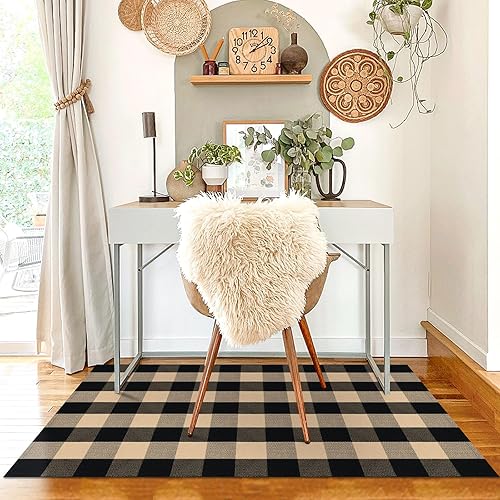 Vista 147 de KILOCOCO Alfombra de rayas beige de 2.3 x 3.6 pies para interiores y exteriores, alfombra tejida a mano de algodón lavable a rayas para puerta Rayas