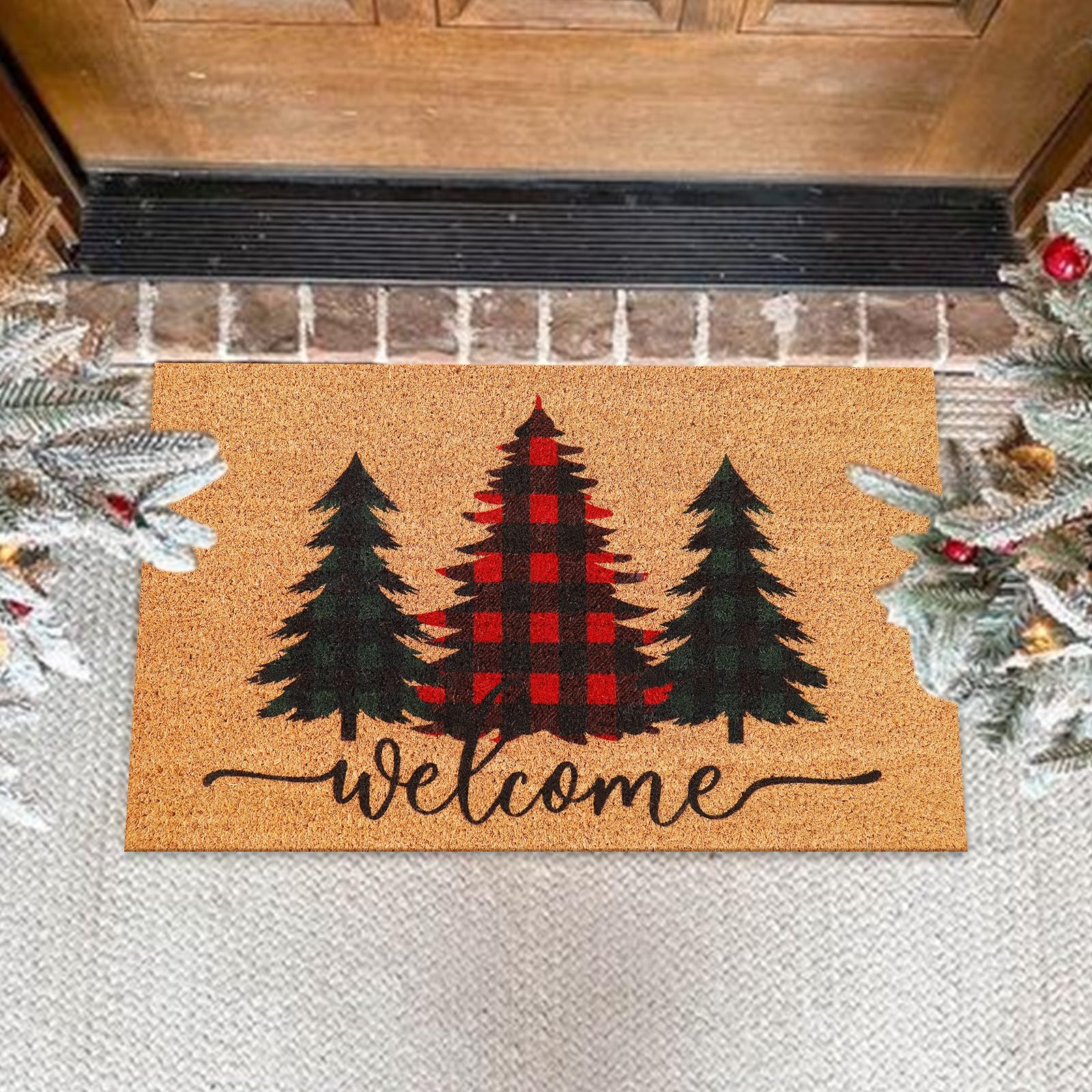 Whaline Weihnachtliche Fußmatte aus natürlicher Kokosfaser, Büffelkariert, Weihnachtsbaum, Willkommens-Bodenmatte, rutschfester Eingangstür-Teppich für drinnen und draußen, Zuhause, Badezimmer